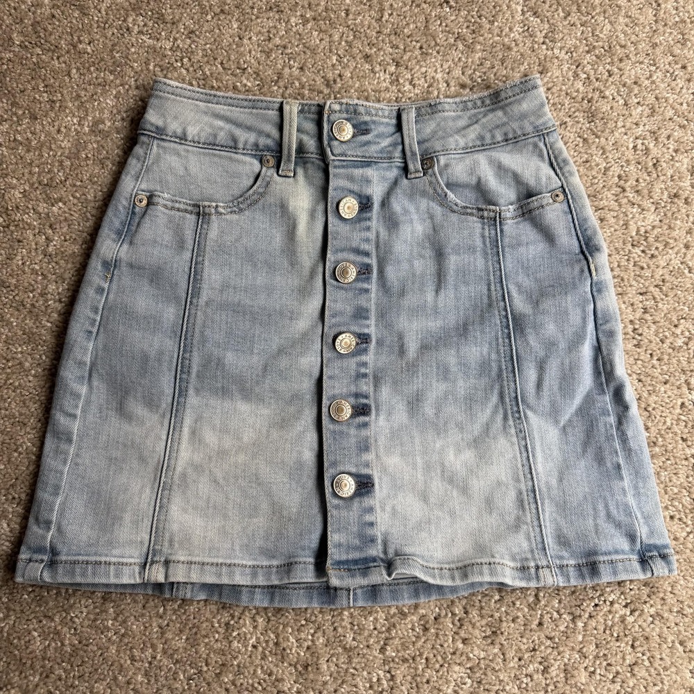 American Eagle Outfitters Skirt Womens 00 Blue Denim Button Front Mini Stretch